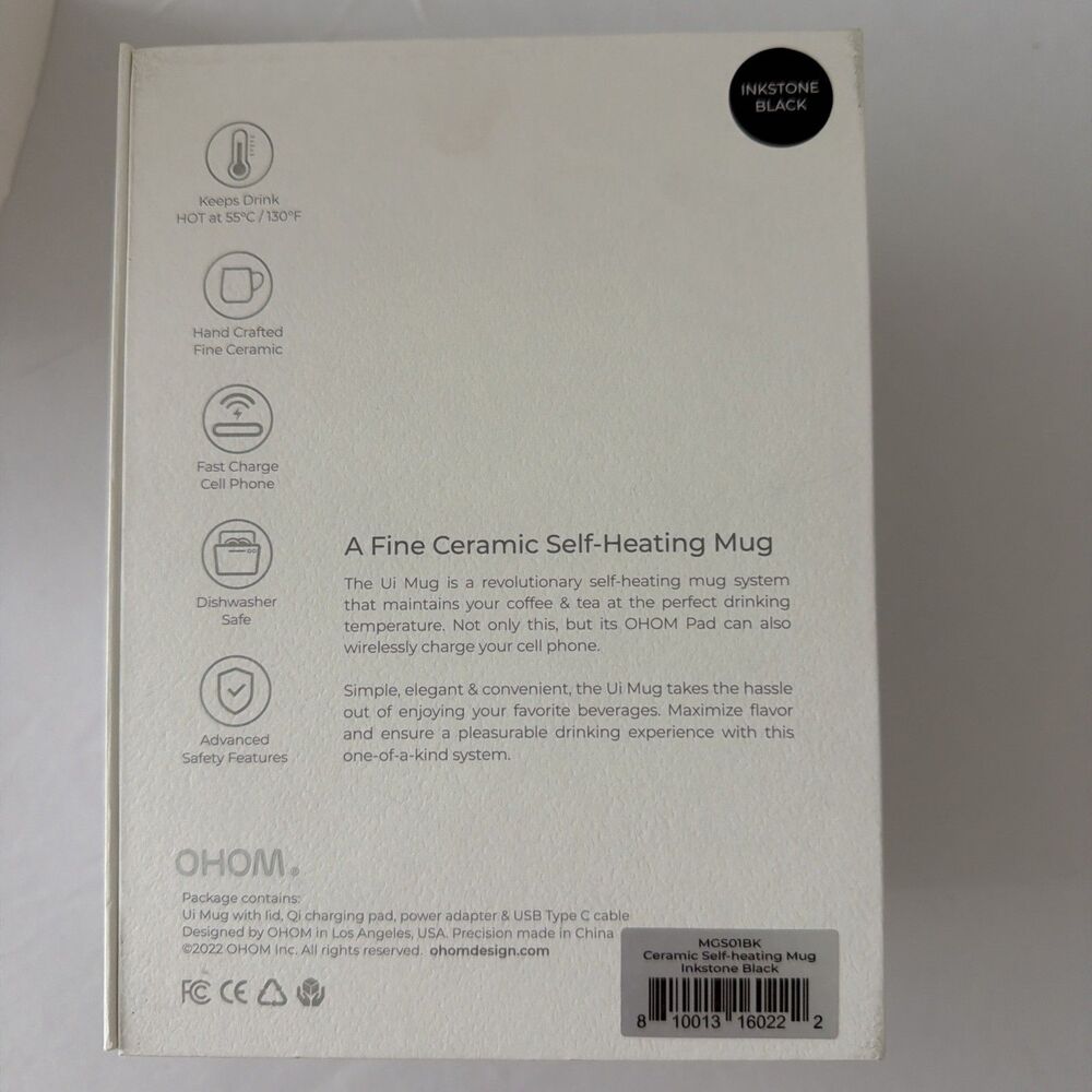 OHOM Ui Ceramic Self-Heating Mug Warmer Kit Inkstone Black Expel Coffee Tea NIB - Picture 9 of 10